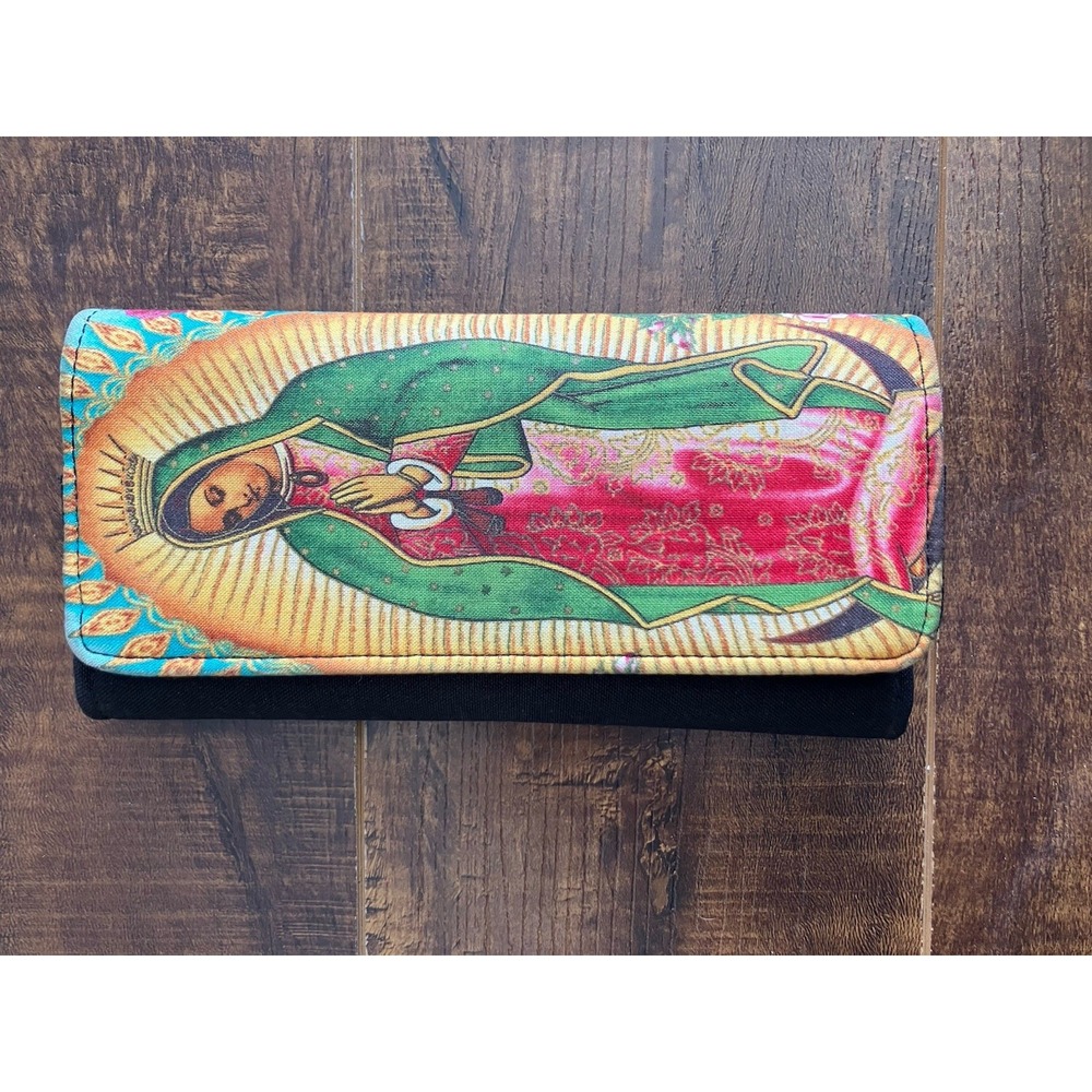 Our Lady of‎ Guadalupe Long Wallet Floral Fabric Snap Closure Made in USA